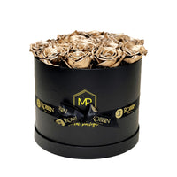 Circular Box Preserved Roses Miami Florida.. Preserved Roses Robbin Legacy Gold Black 