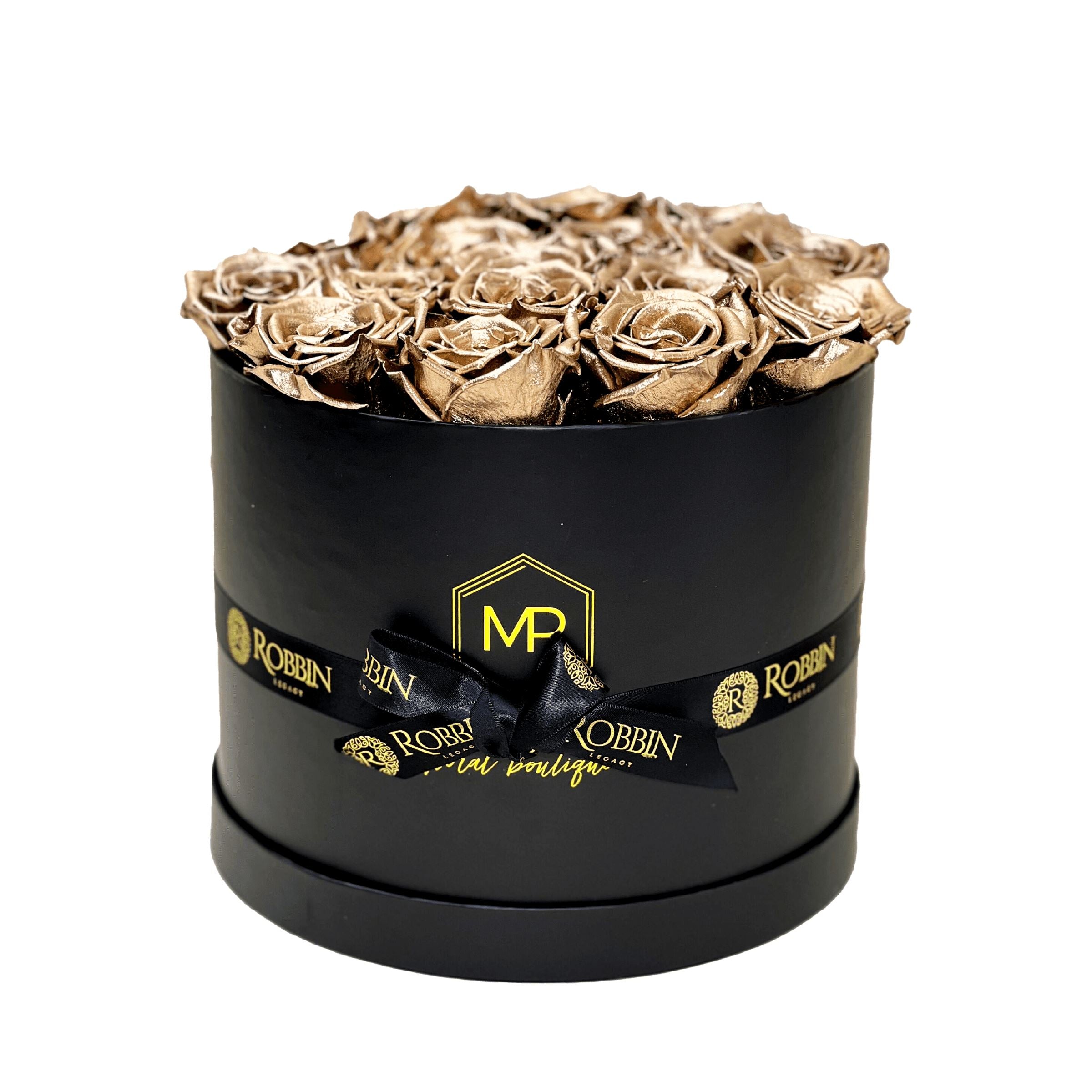 Circular Box Preserved Roses Miami Florida.. Preserved Roses Robbin Legacy Gold Black 