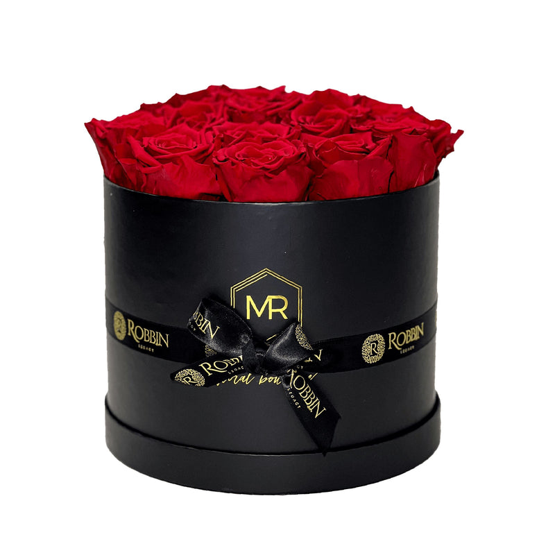 Circular Box Preserved Roses Miami Florida.. Preserved Roses Robbin Legacy Red Black 