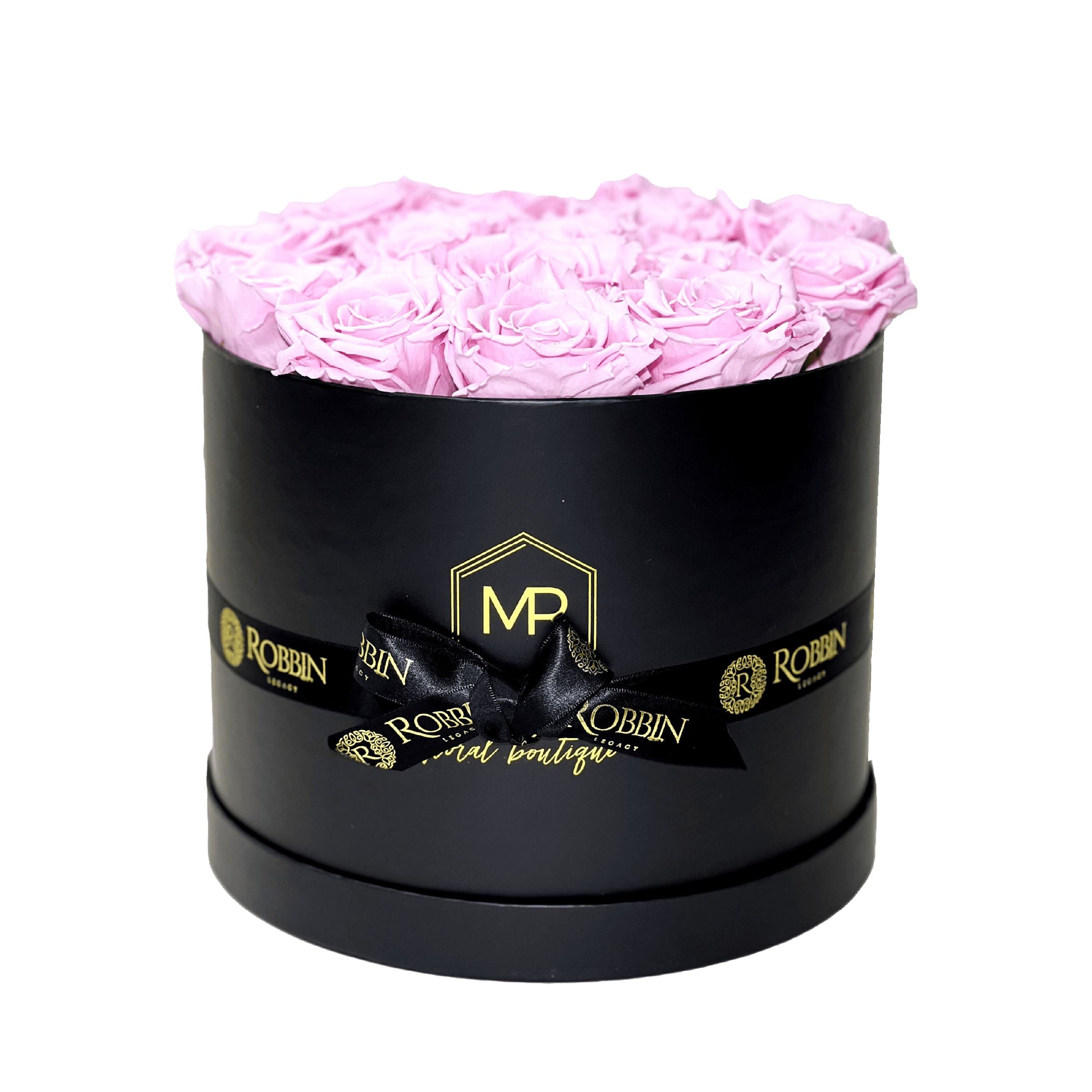 Circular Box Preserved Roses Miami Florida.. Preserved Roses Robbin Legacy Light Pink Black 
