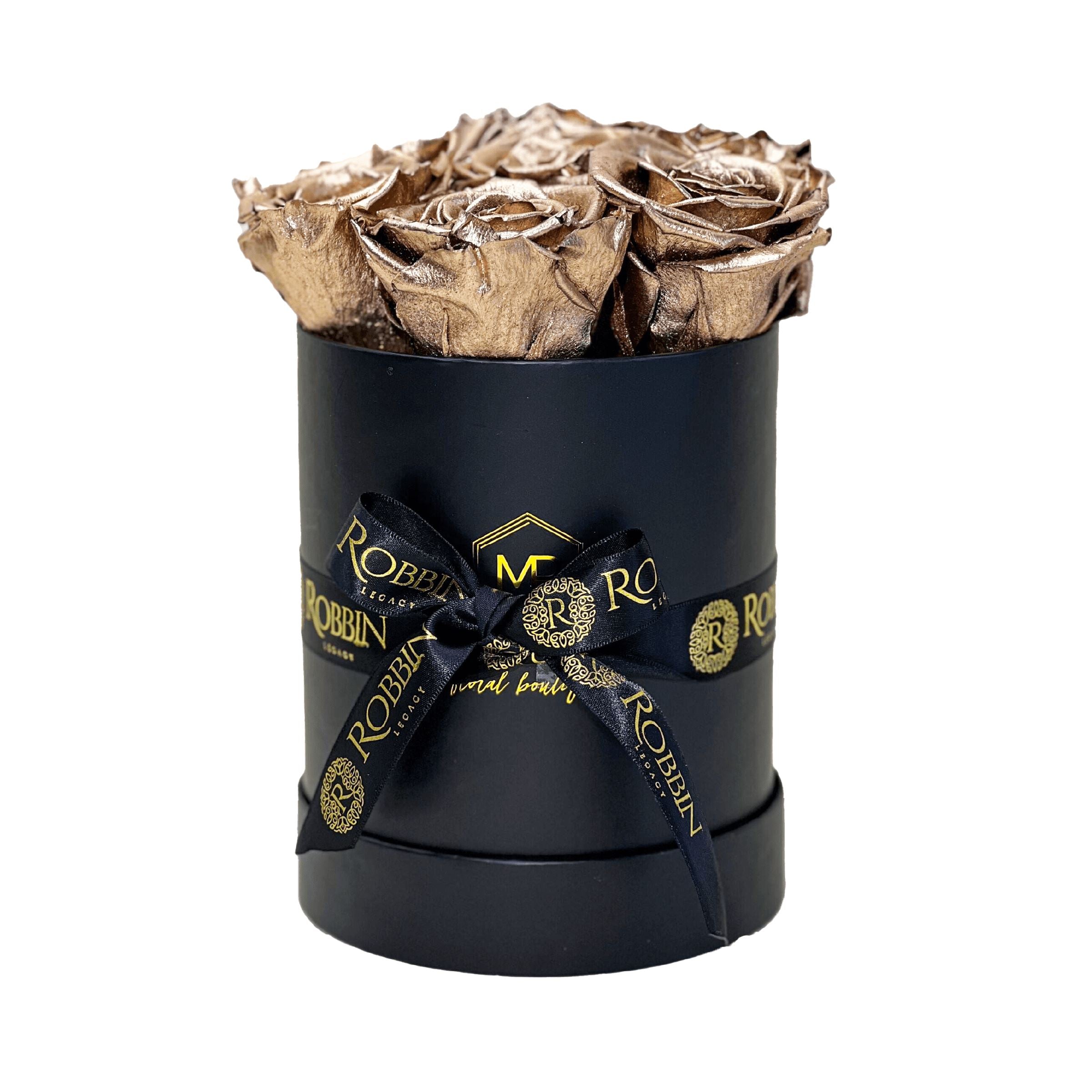 Cylinder Box Preserved Roses Miami Florida.. Preserved Roses Robbin Legacy Gold Black 