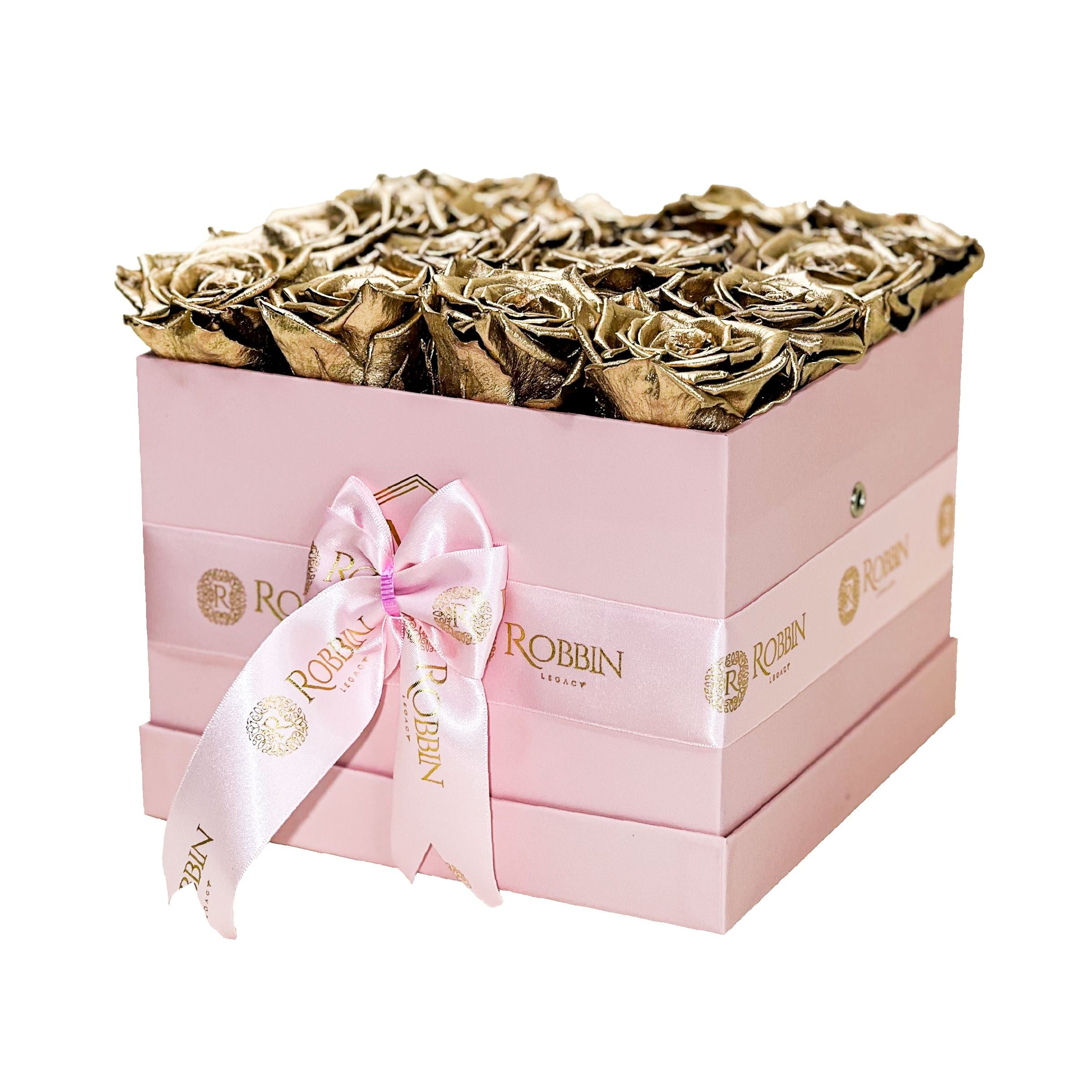 Squared Box Preserved Roses Miami Florida.. Preserved Roses Robbin Legacy Gold Pink 