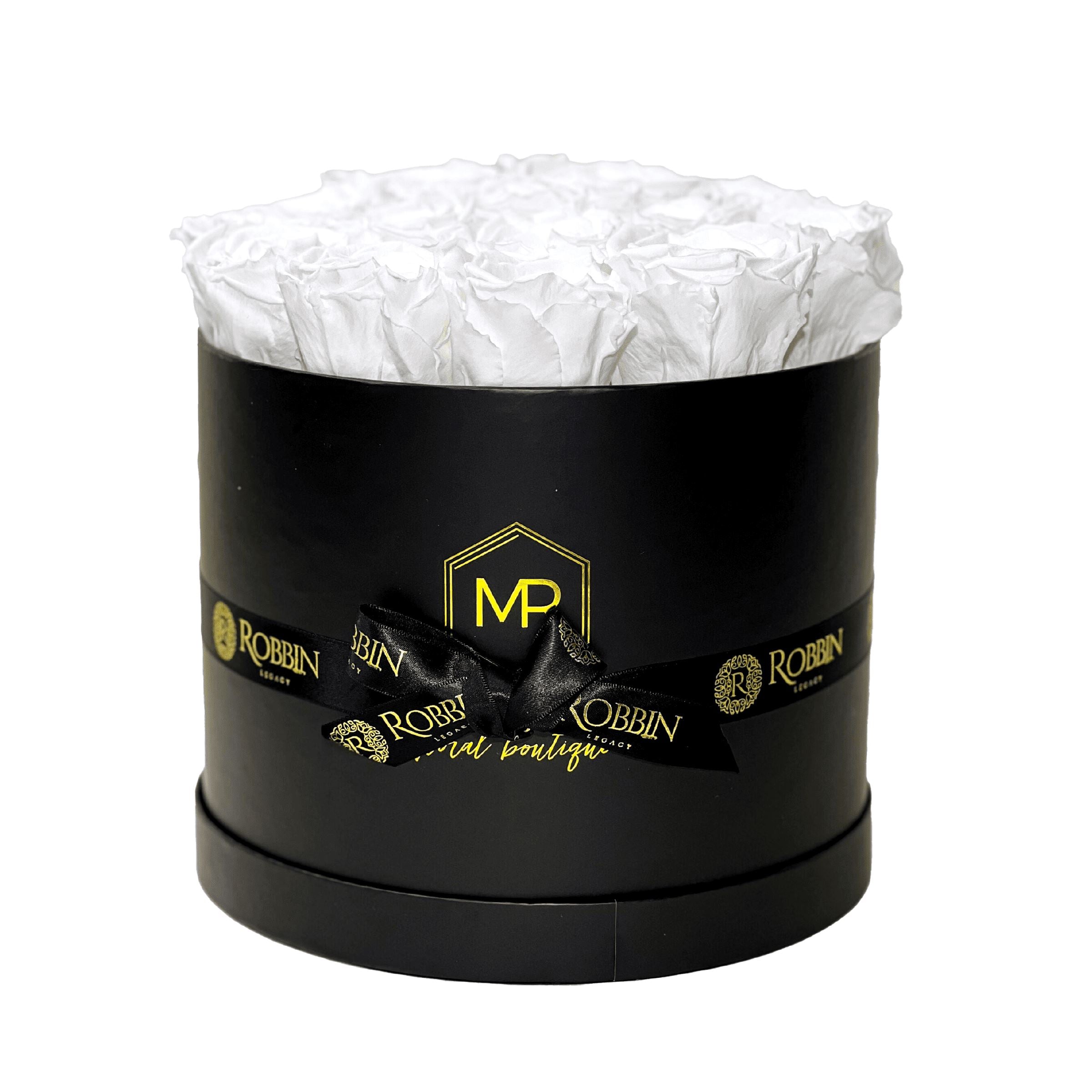Circular Box Preserved Roses Miami Florida.. Preserved Roses Robbin Legacy White Black 
