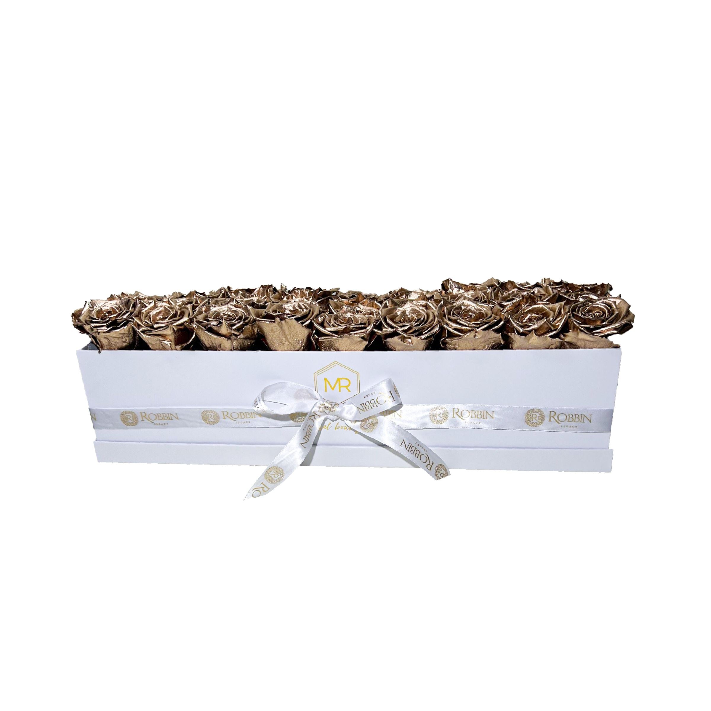 Rectangular Box Preserved Roses Miami Florida.. Preserved Roses Robbin Legacy Gold White 