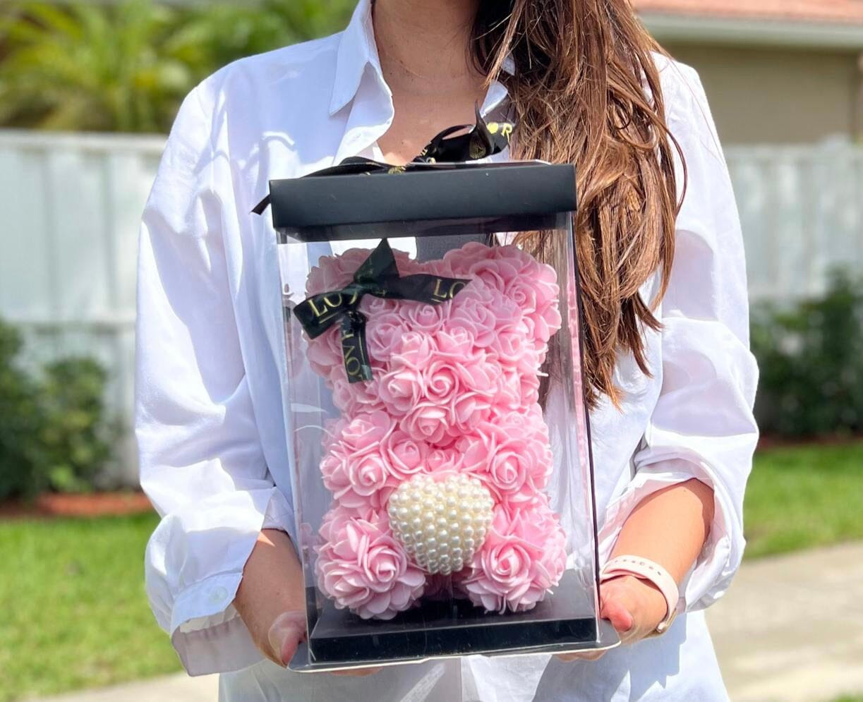 PINK ROSE BEAR + PEARL HEART 25 CM.. Rose Bear Robbin Legacy 