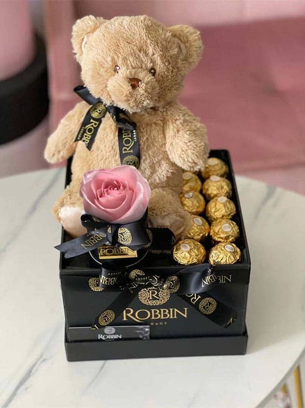 1 Preserved Rose Teddy Bear and Ferrero Chocolate Miami Florida and Nationwide.. Gifts Boxes Robbin Legacy 