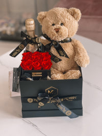 Gift Box Preserved Roses Teddy Bear and Champan Nationwide. Robbin Legacy 