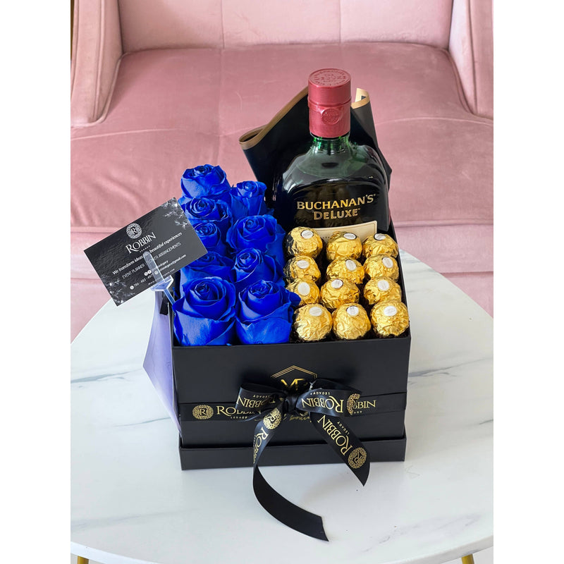 Luxury Gift Box Fresh Roses with Ferrero Chocolates Miami Florida.. Gifts Boxes Robbin Legacy Blue Black 