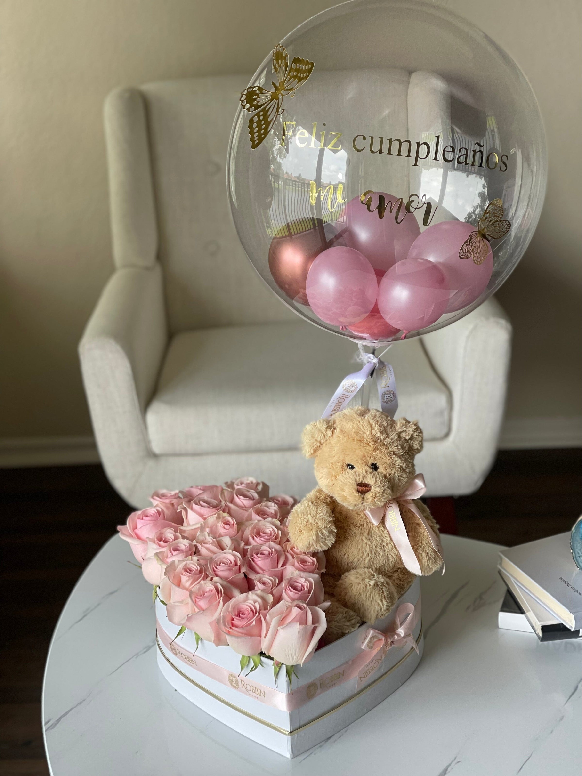 Teddy Heart Shaped Box with Fresh Roses Flowers and Hot Air Balloon Miami Florida. Balloons Robbin Legacy 