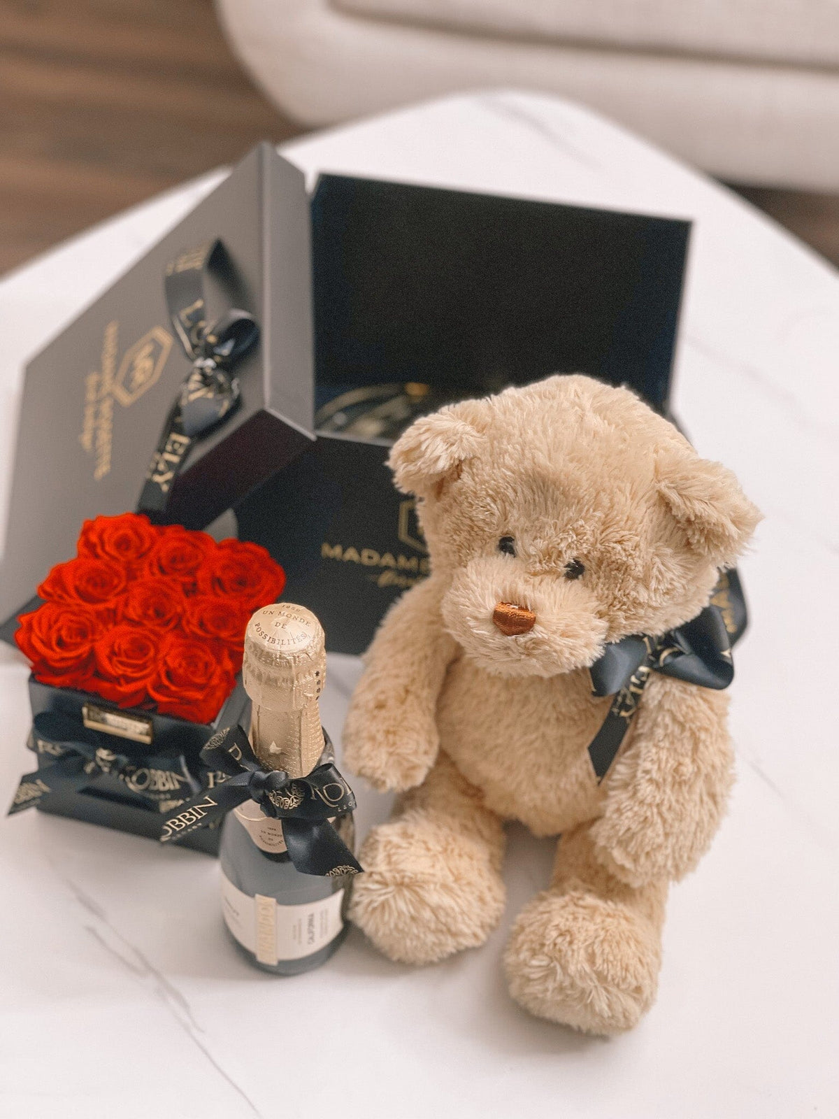 Gift Box Preserved Roses Teddy Bear and Champan Nationwide. Robbin Legacy 