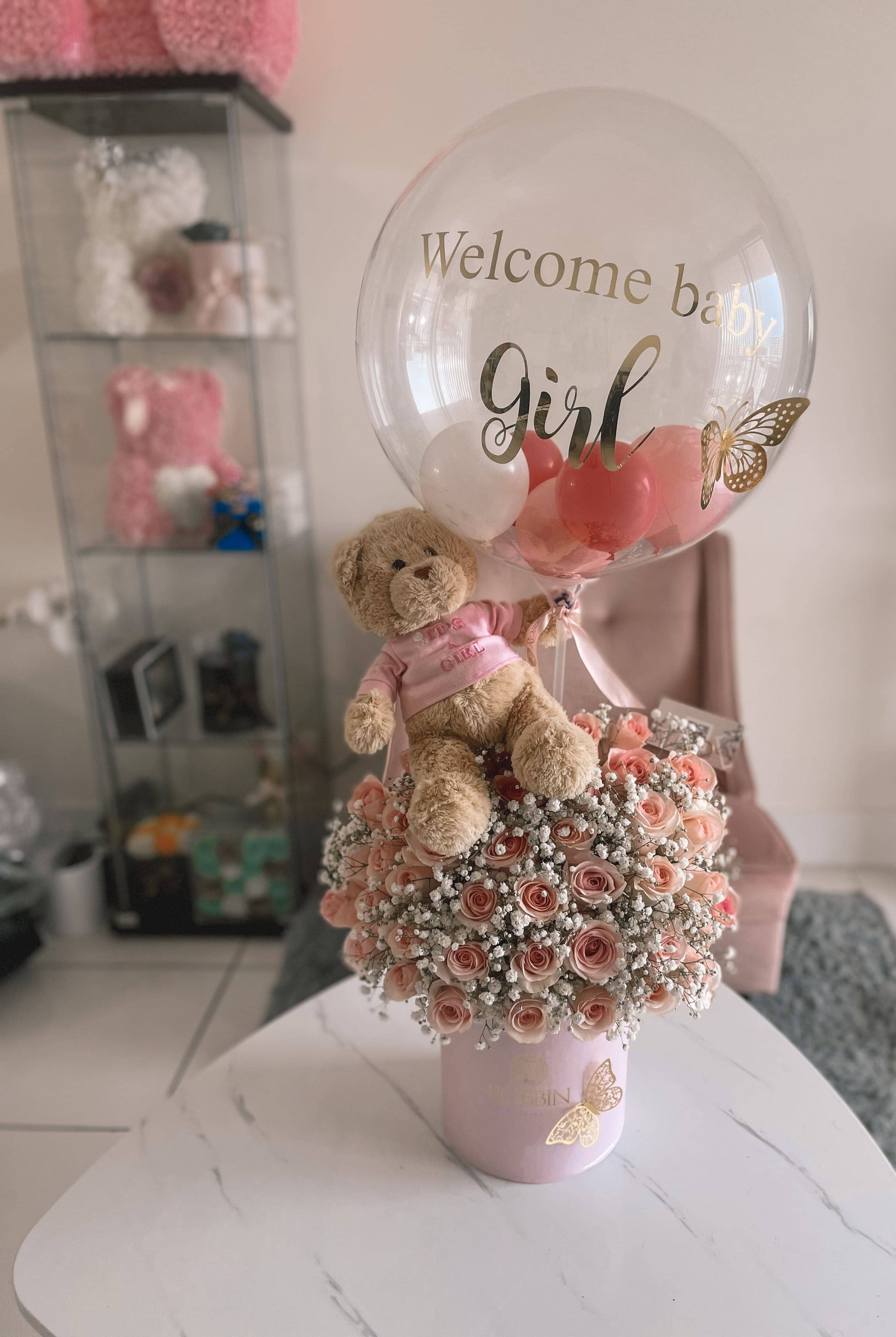 Welcome Baby Fresh Roses Flowers and Hot Air Balloon Miami Florida. Balloons Robbin Legacy 