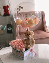 Teddy Heart Shaped Box with Fresh Roses Flowers and Hot Air Balloon Miami Florida. Balloons Robbin Legacy 