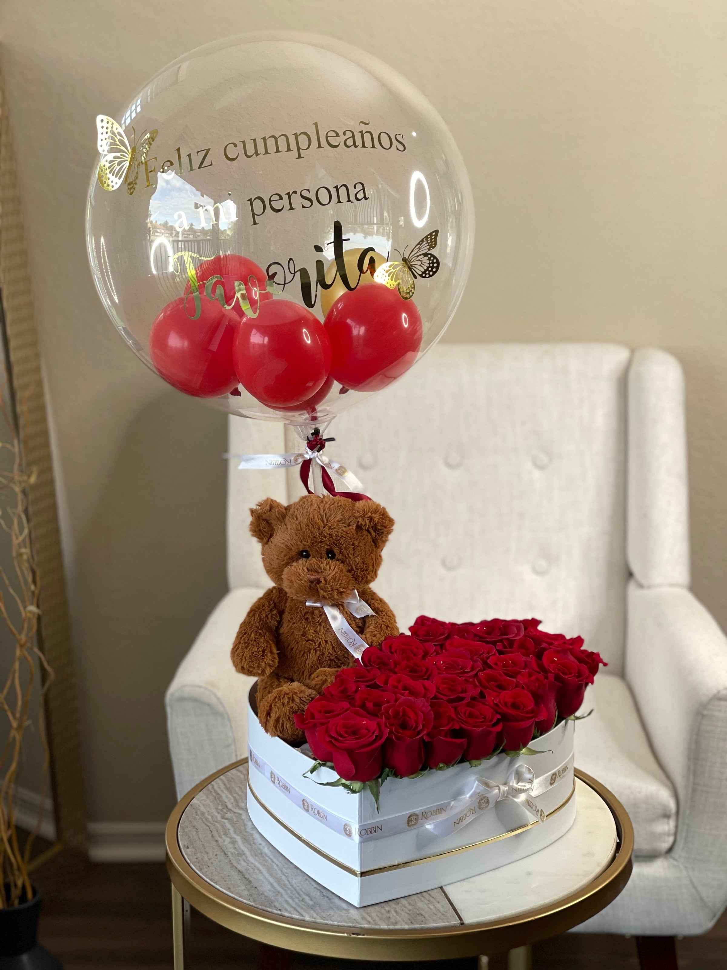 Teddy Heart Shaped Box with Fresh Roses Flowers and Hot Air Balloon Miami Florida. Balloons Robbin Legacy 