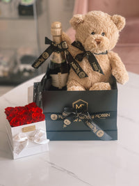 Gift Box Preserved Roses Teddy Bear and Champan Nationwide. Robbin Legacy 