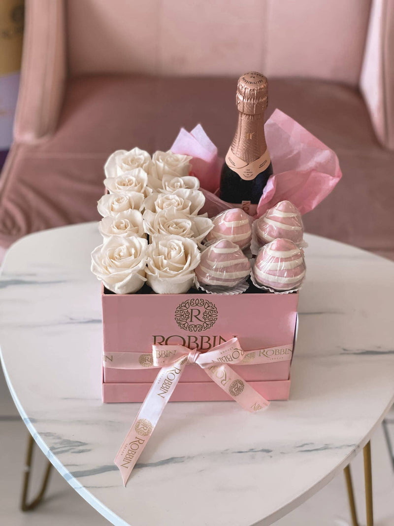 Half Roses, Drink and Chocolate Covered Strawberries Box Miami Florida. Chocolate Covered Strawberries Robbin Legacy 