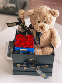 Gift Box Preserved Roses Teddy Bear and Champan Nationwide. Robbin Legacy Black/Blue R. Red 