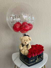 Teddy Heart Shaped Box with Fresh Roses Flowers and Hot Air Balloon Miami Florida. Balloons Robbin Legacy 