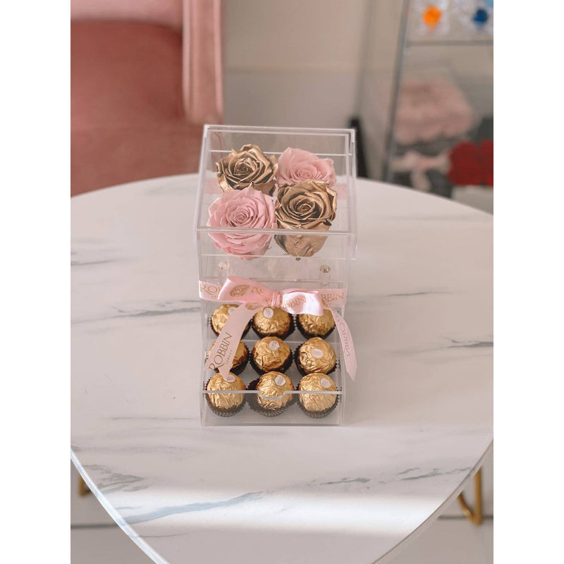4 Preserved Roses Acrylic Box and Ferrero Chocolates Miami Florida and Nationwide.. Preserved Roses Robbin Legacy 