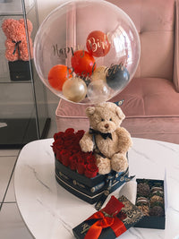 Teddy Heart Shaped Box with Fresh Roses Flowers and Hot Air Balloon Miami Florida. Balloons Robbin Legacy 