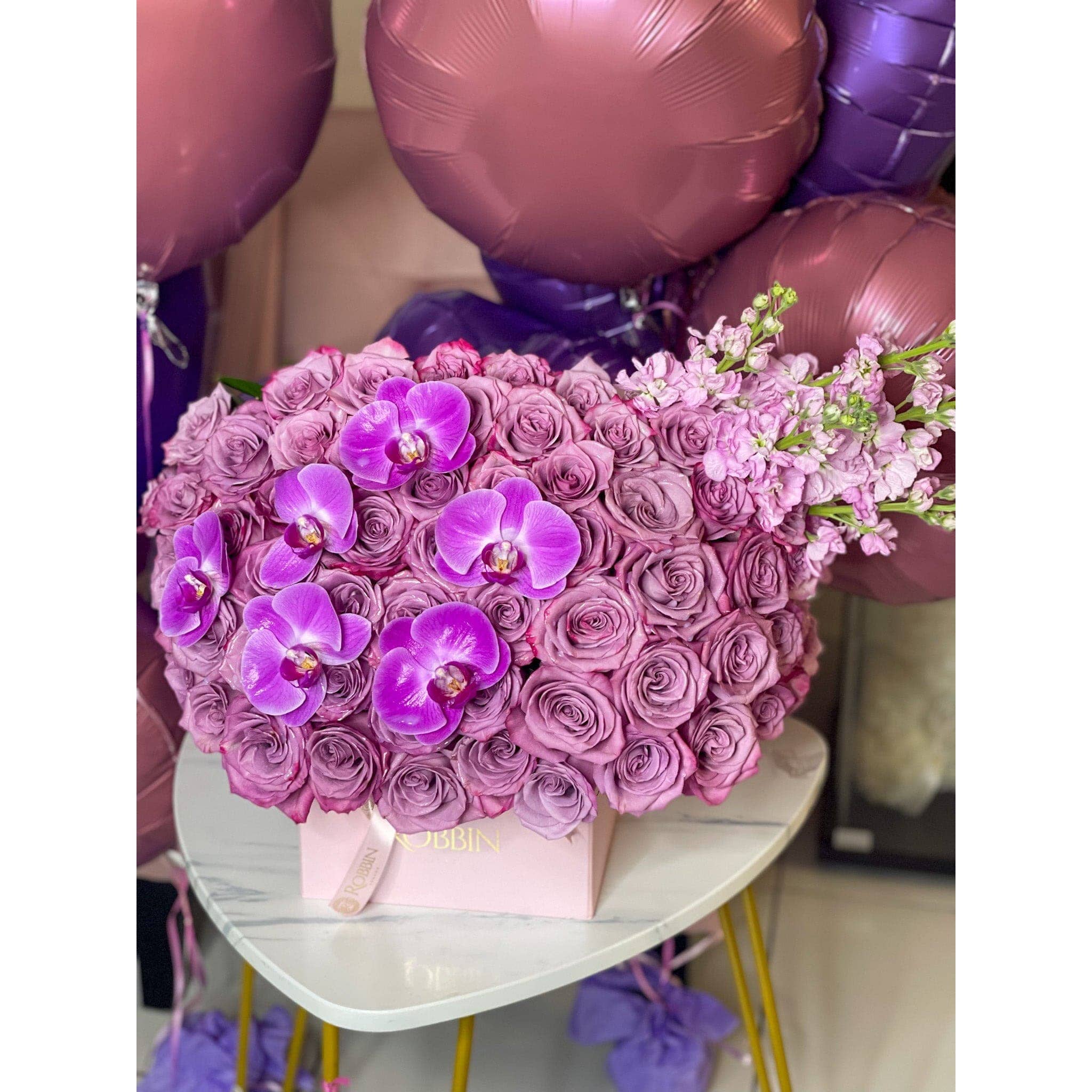 75 Fresh Roses with Orchids in Squared Hat Box Miami Florida.. Fresh Flowers Robbin Legacy 