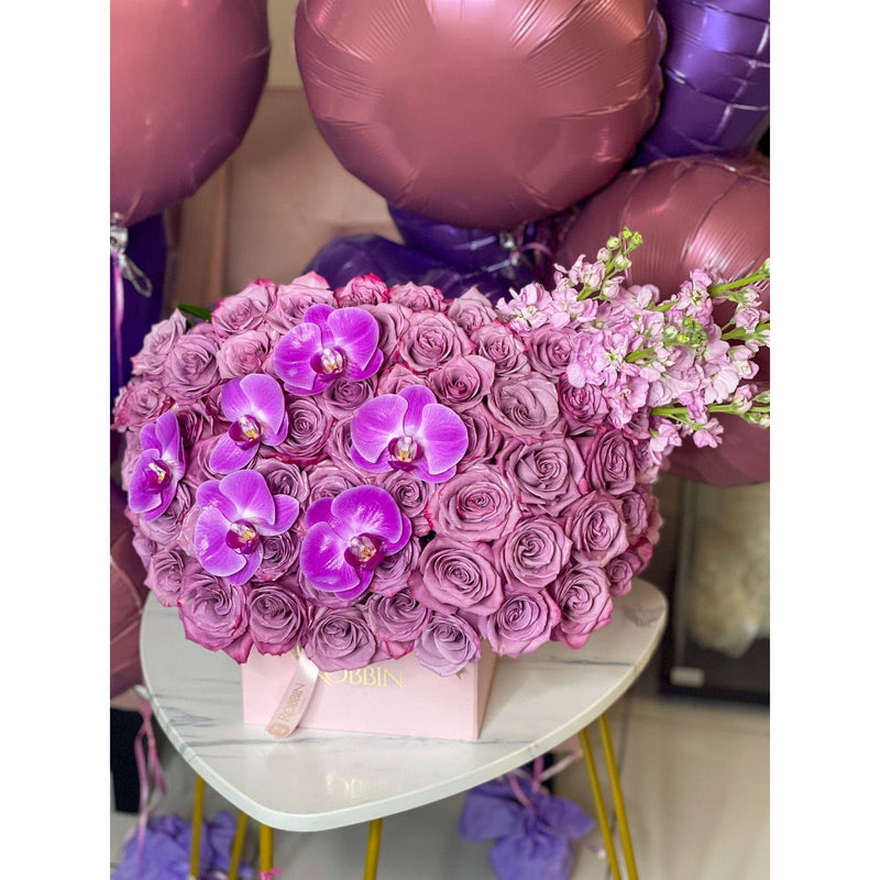 75 Fresh Roses with Orchids in Squared Hat Box Miami Florida.. Fresh Flowers Robbin Legacy 