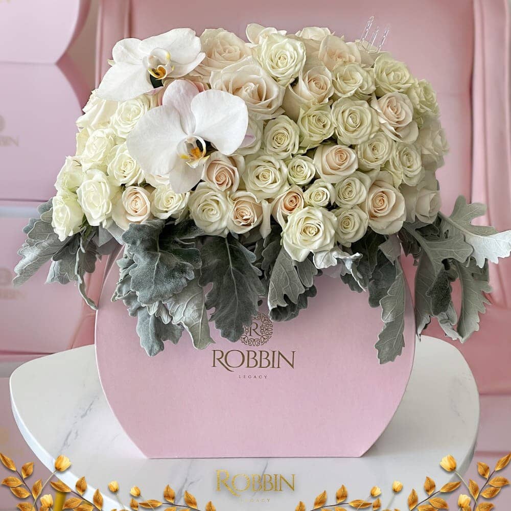 Half Moon Box Fresh white Roses Flowers Orchids Dusty Miller Miami Florida. Fresh Flowers Robbin Legacy 