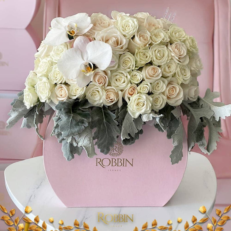 Half Moon Box Fresh white Roses Flowers Orchids Dusty Miller Miami Florida. Fresh Flowers Robbin Legacy 