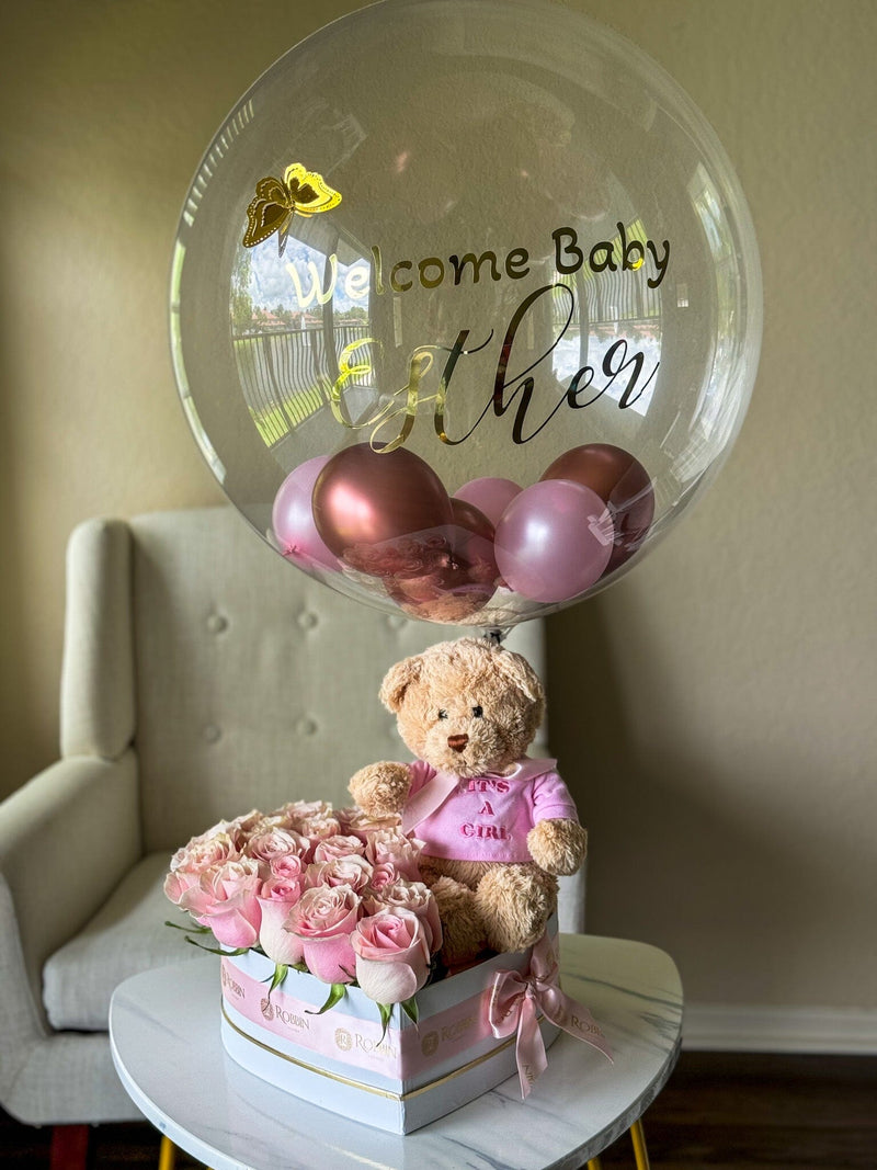Teddy Heart Shaped Box with Fresh Roses Flowers and Hot Air Balloon Miami Florida. Balloons Robbin Legacy 