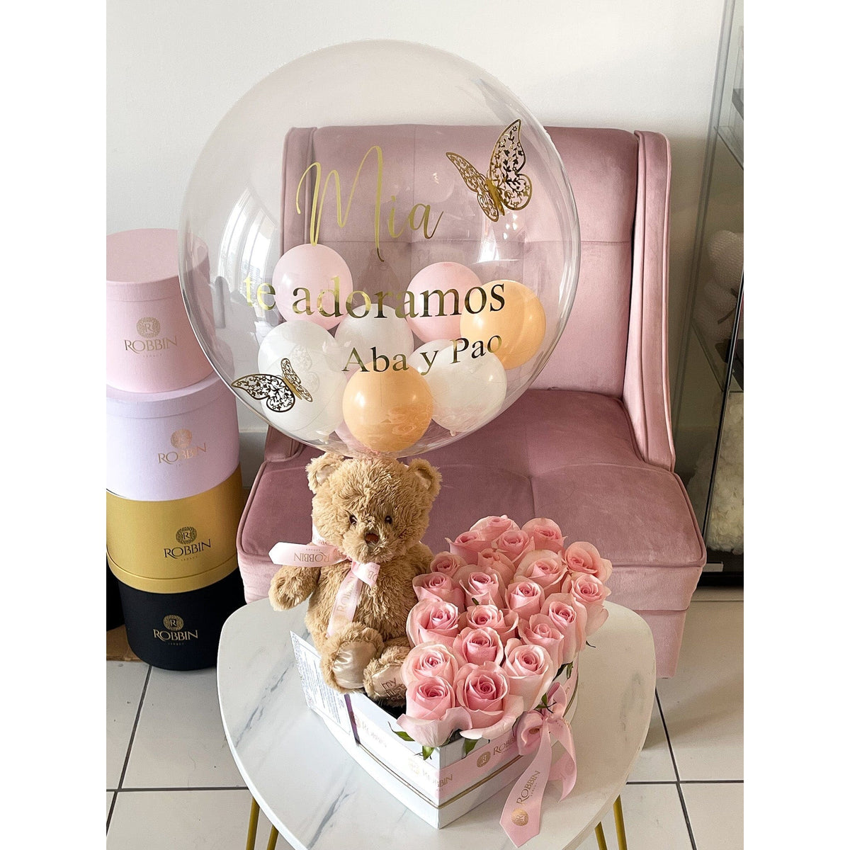 Teddy Heart Shaped Box with Fresh Roses Flowers and Hot Air Balloon Miami Florida. Balloons Robbin Legacy 