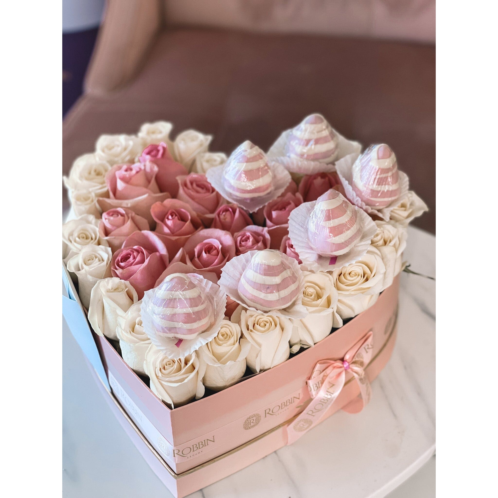Heart Box Fresh Roses Flowers Chocolate Covered Strawberries Miami Florida. Chocolate Covered Strawberries robbin legacy Pink and White Pink Pink