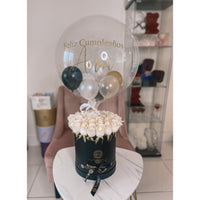 Hot Air Balloon personalized Fresh Roses Flowers and Orchid Miami Florida. Balloons Robbin Legacy Black ( Round Box) White 