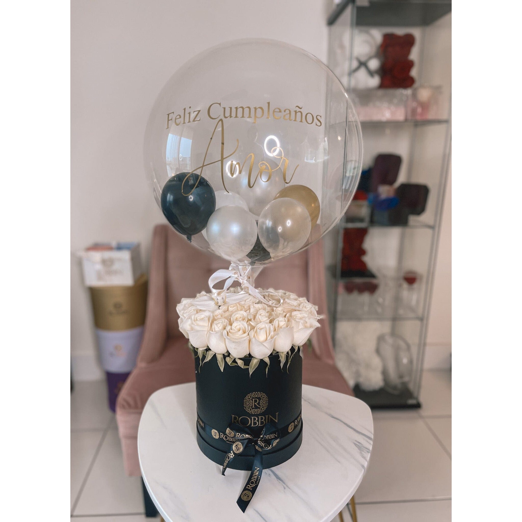 Hot Air Balloon personalized Fresh Roses Flowers and Orchid Miami Florida. Balloons Robbin Legacy Black ( Round Box) White 