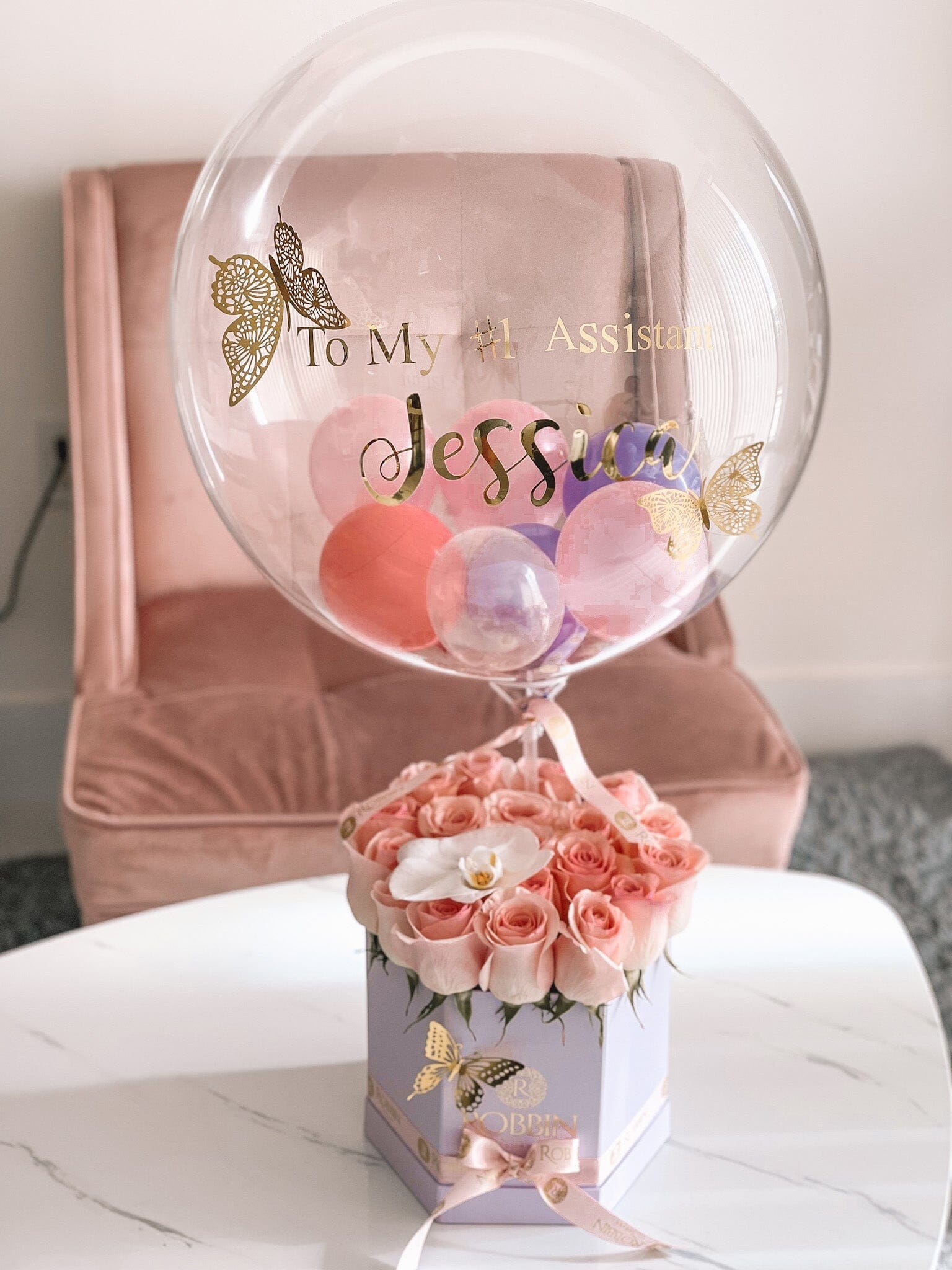 Hot Air Balloon personalized Fresh Roses Flowers and Orchid Miami Florida. Balloons Robbin Legacy Lavender Pink 